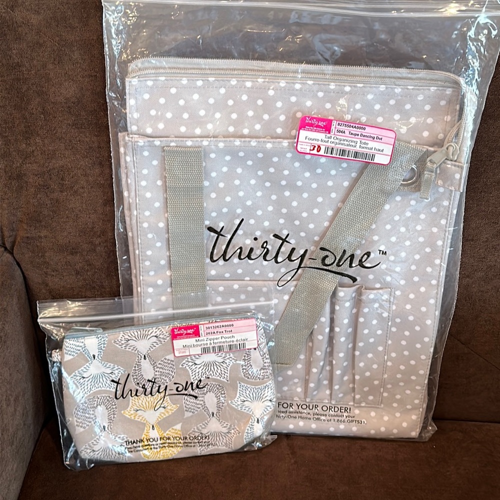 31 Tall Organizing Tote in Taupe Dancing Dot & Fox Trot Mini Zipper Pouch NIP